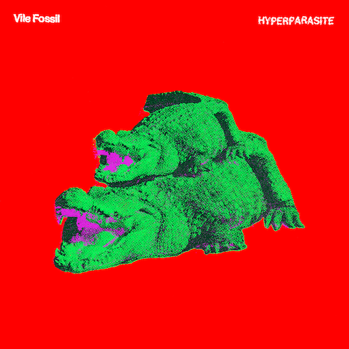 Cover art for Hyperparasite by Vile Fossil depicting a small aligator sitting on top of a larger alligator, seemingly copied and pasted, superimposed over a pure red field